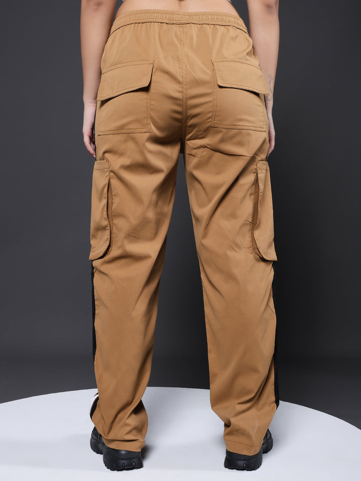 Women Striped Cargo Joggers - Khaki