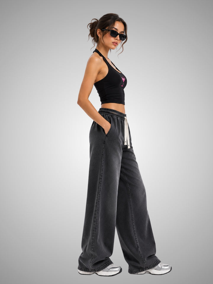 Women Acid Wash Baggy Fit Premium Terry Jogger - Black