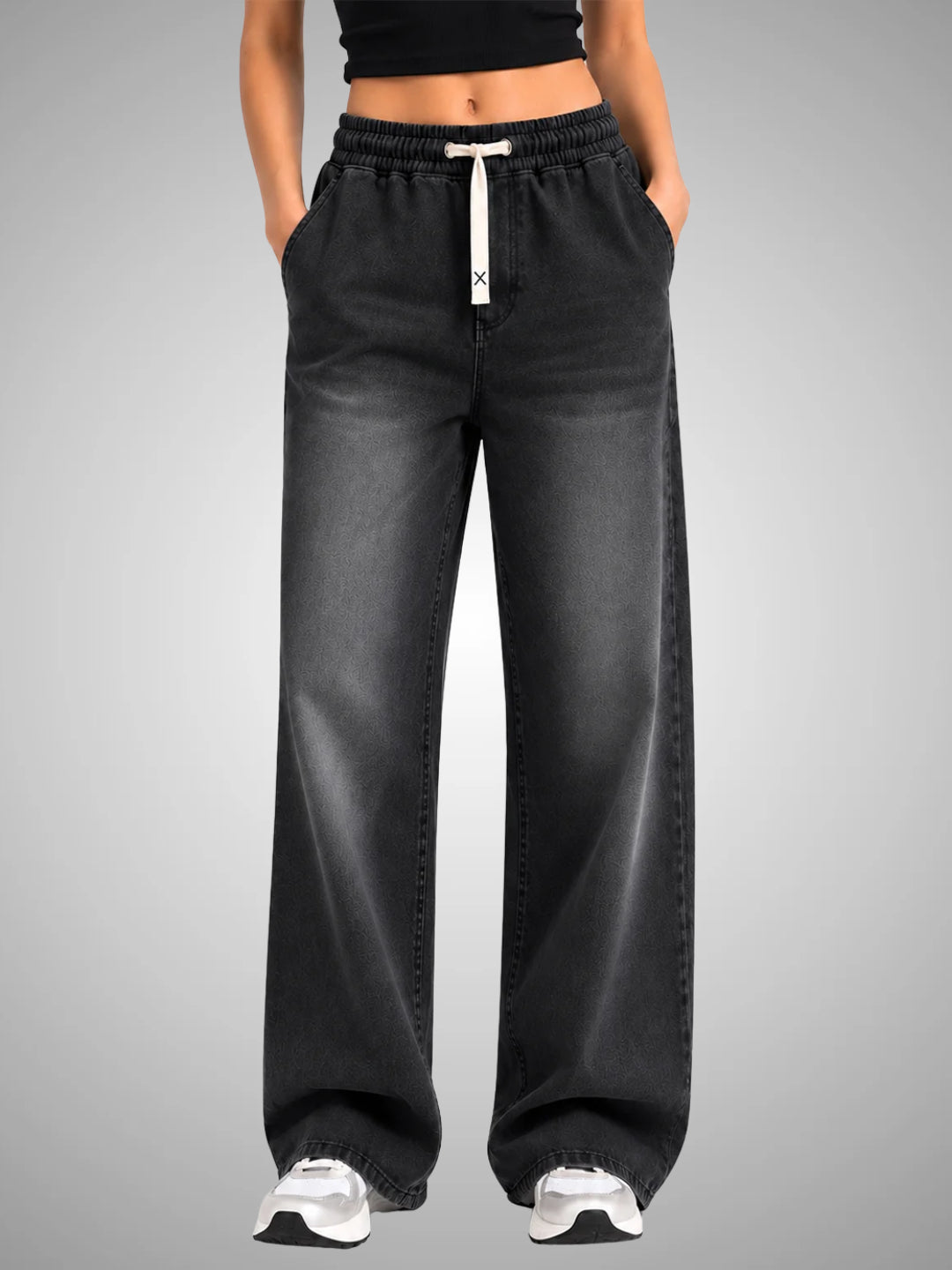 Women Acid Wash Baggy Fit Premium Terry Jogger - Black