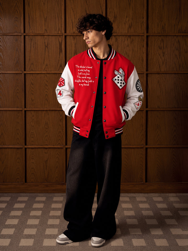 Cards Men Embroidered Varsity Bomber Jacket