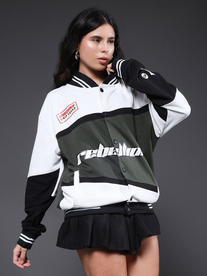 Women Graphic Printed Varsity Bomber Jacket