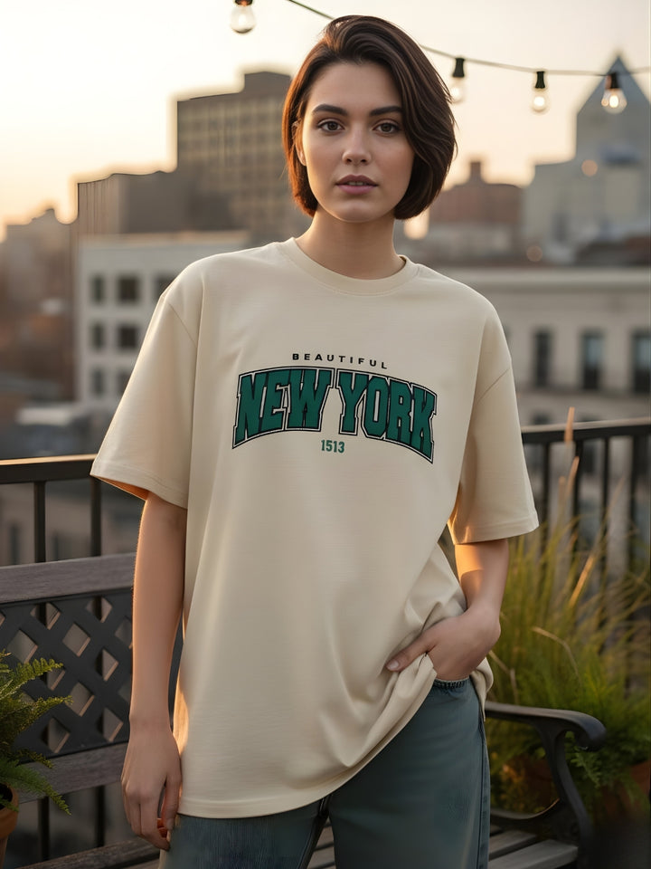 BEAUTIFUL NEW YORK Women Graphic Oversized Printed T-Shirt