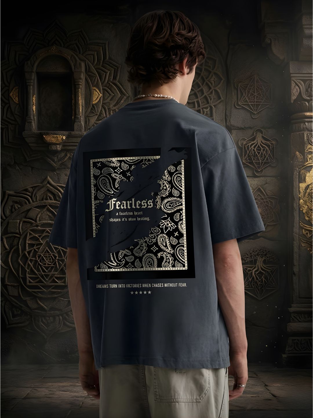 FEARLESS HEART Men Printed Oversized T-Shirt