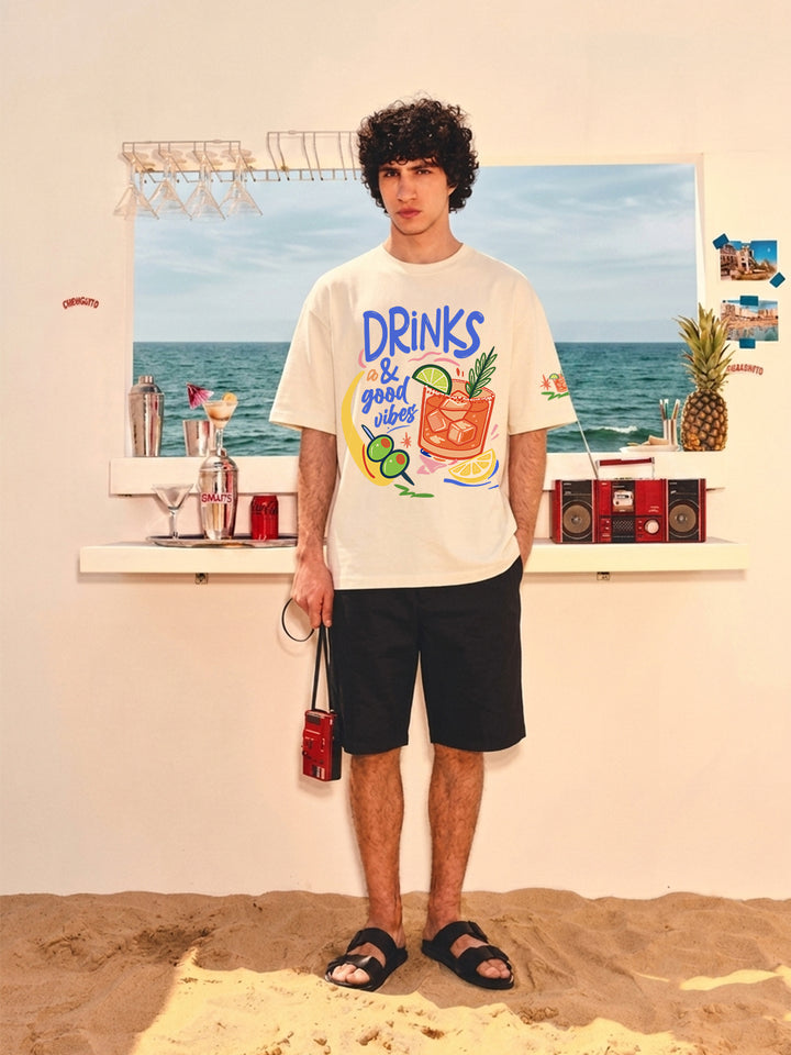 Drinks & Good Vibes Men Printed Oversized T-Shirt