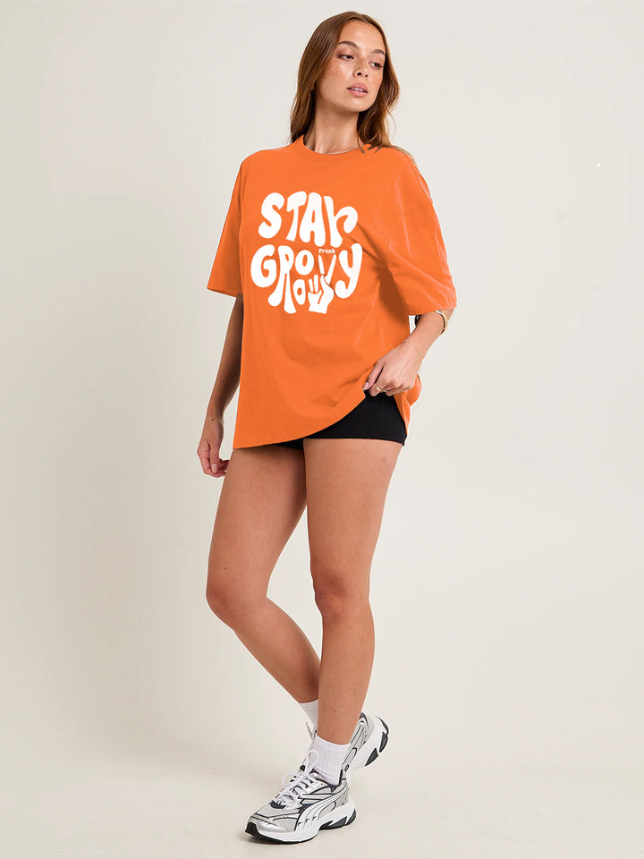 STAY GROOVY Women Graphic Oversized Printed T-Shirt