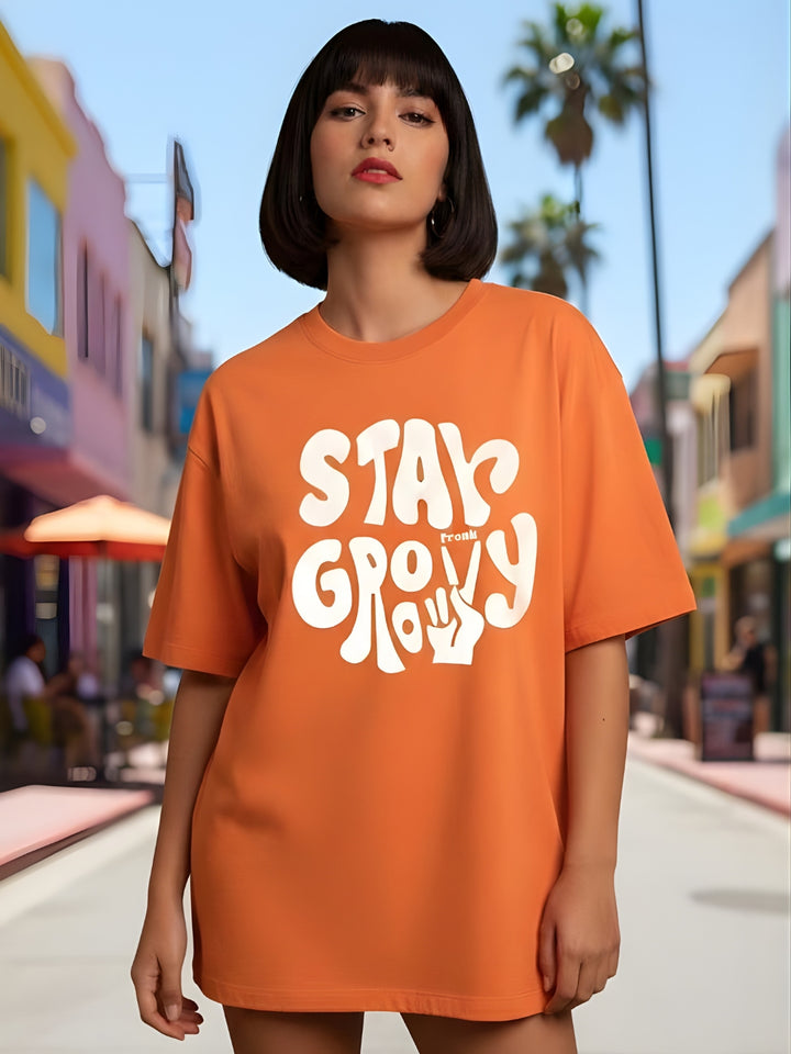 STAY GROOVY Women Graphic Oversized Printed T-Shirt