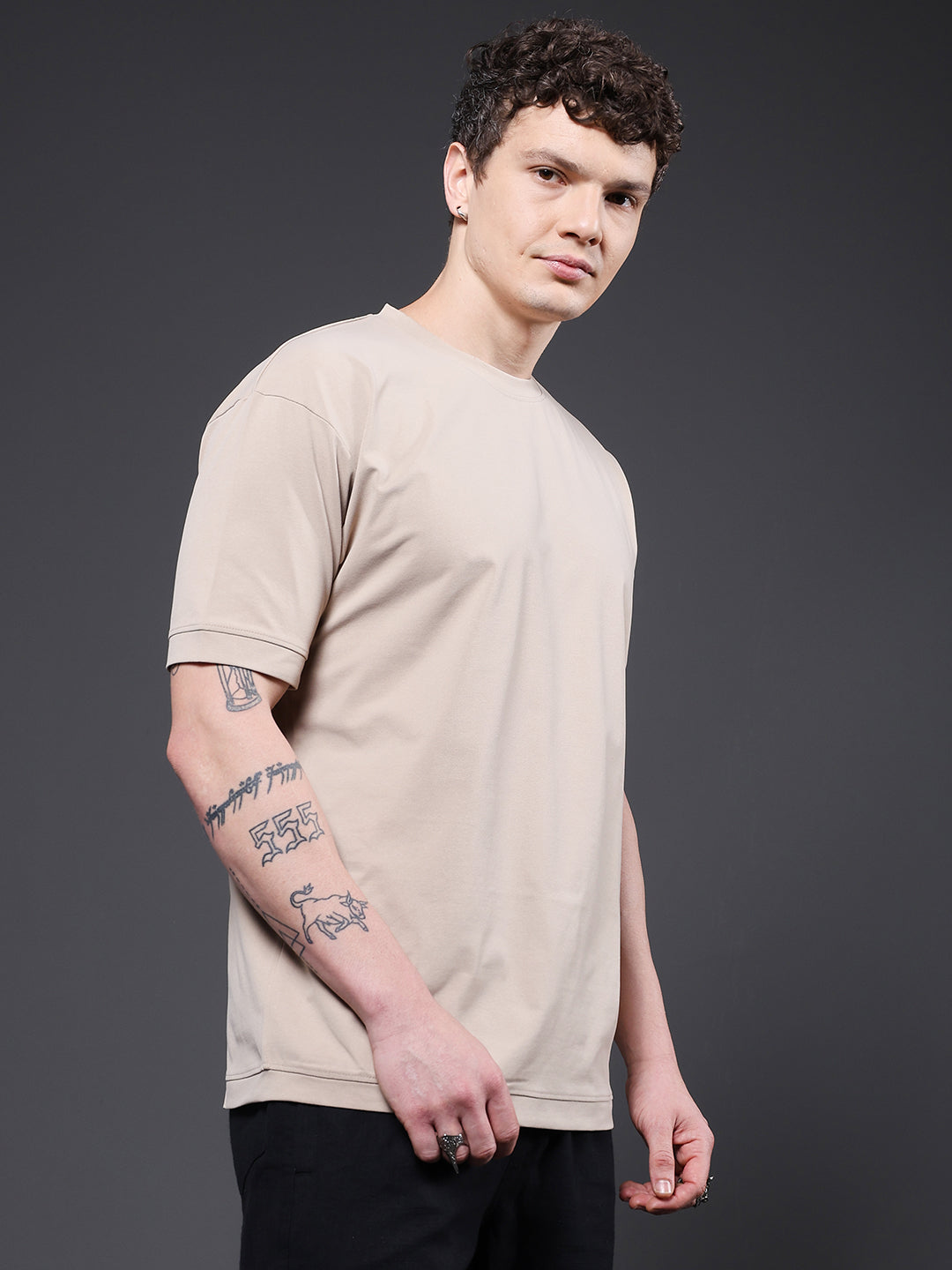 Hamo Solid Men Oversized T-Shirt - Beige