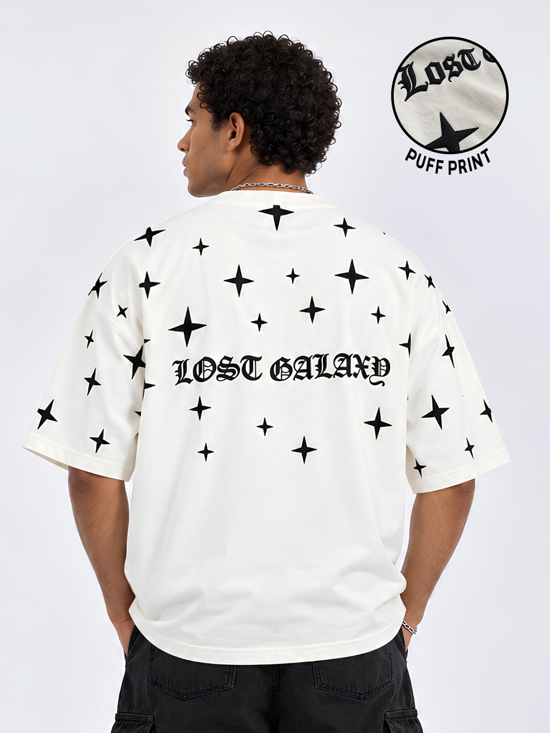 Lost Galaxy Puff Printed Men Premium Oversized T-Shirt - Off White
