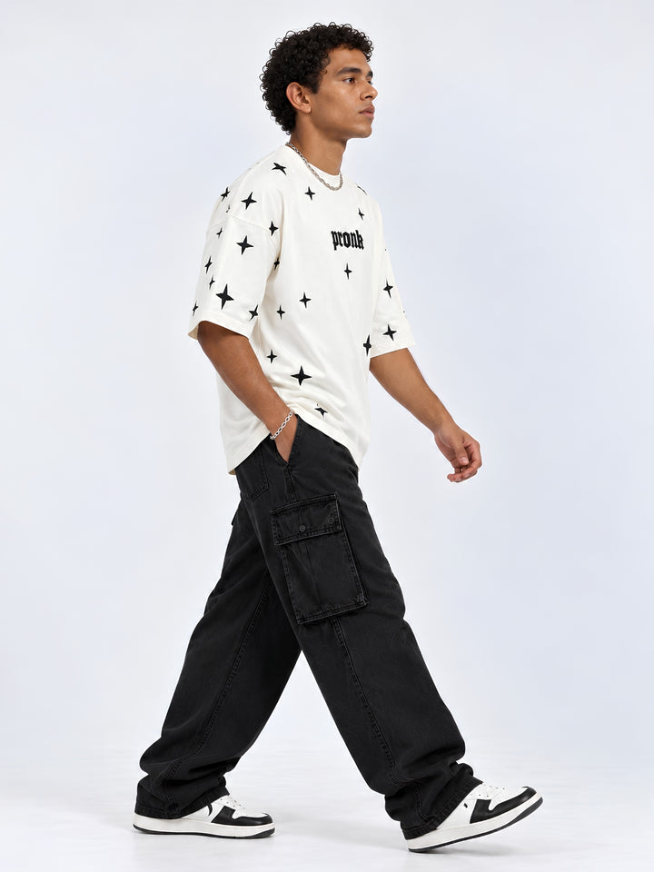 Lost Galaxy Puff Printed Men Premium Oversized T-Shirt - Off White