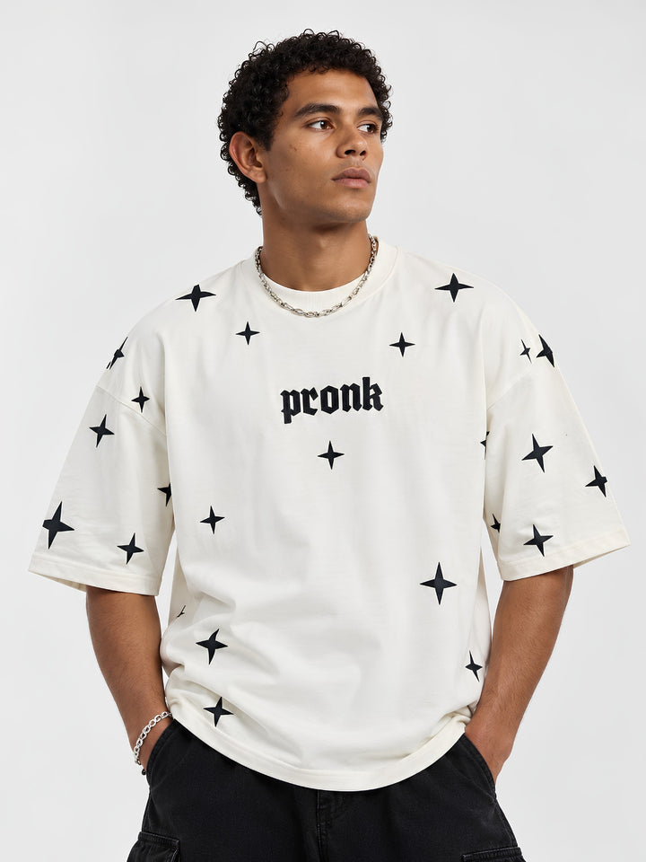 Lost Galaxy Puff Printed Men Premium Oversized T-Shirt - Off White