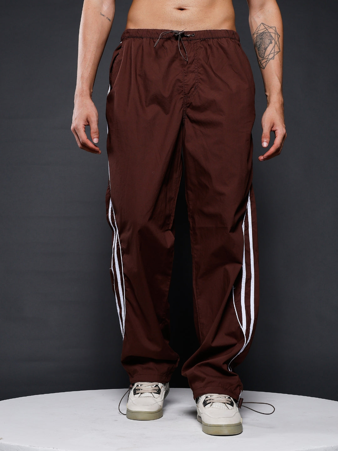 Parachute Pants For Men - Cocoa with White Stripe