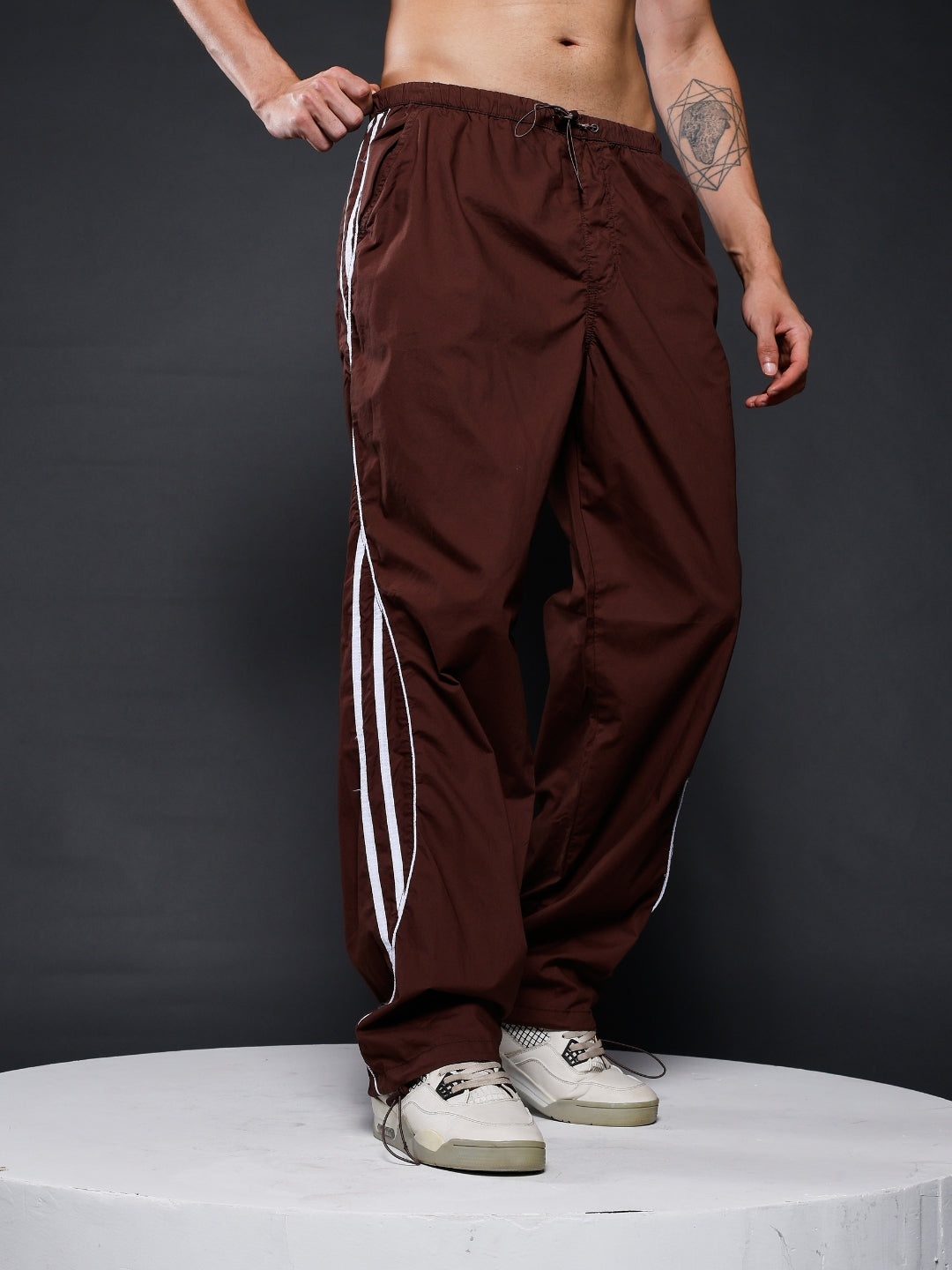 Parachute Pants For Men - Cocoa with White Stripe