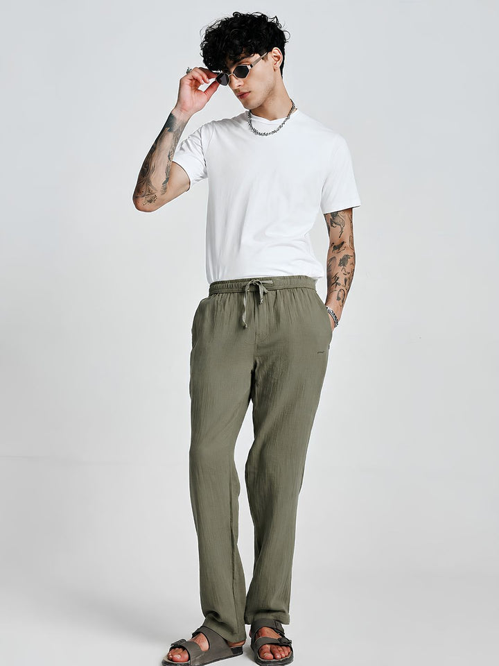 Men Solid Cotton Lounge Pants - Khaki