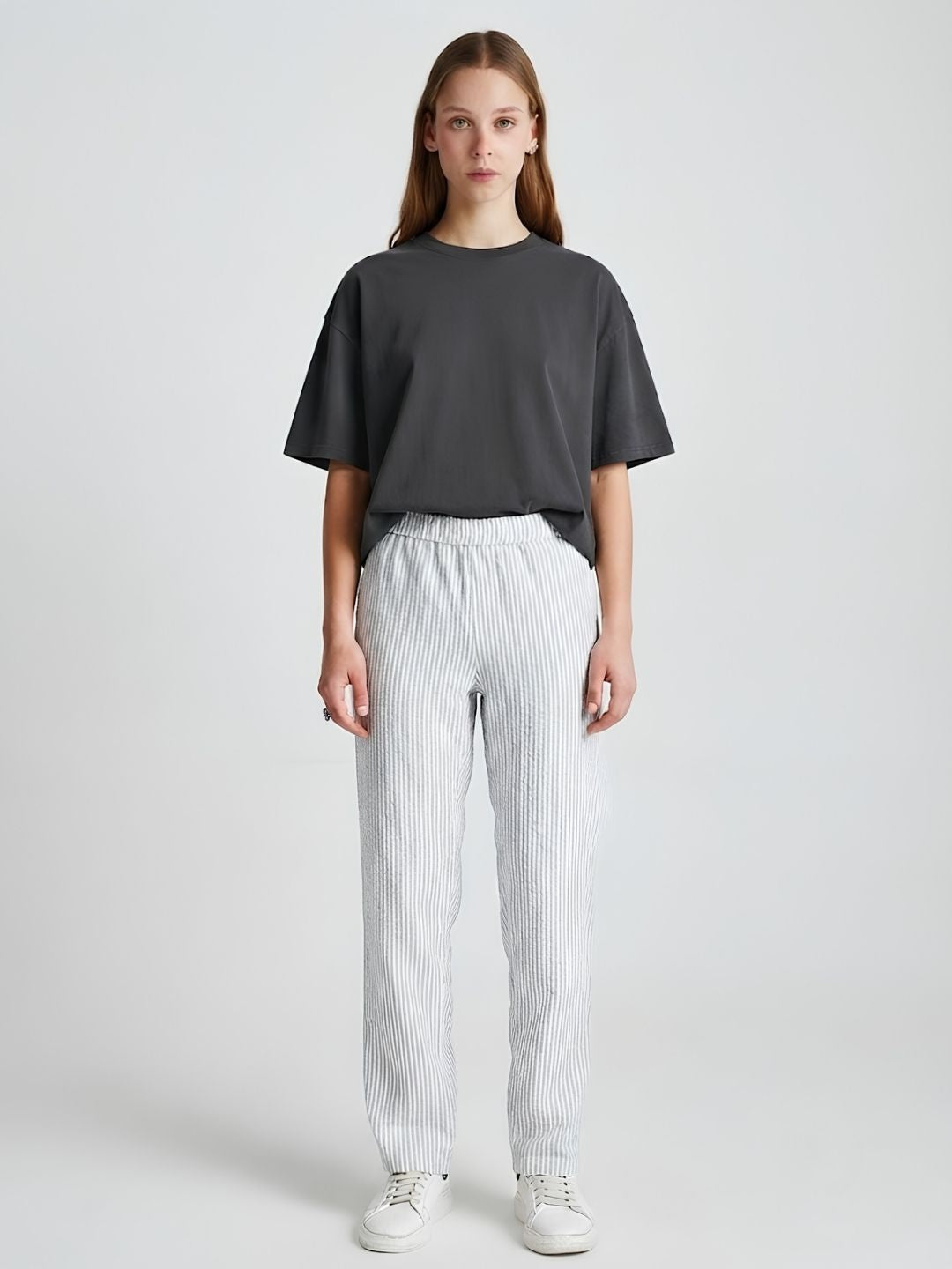 Women Striped Cotton lounge pants - Ash Grey