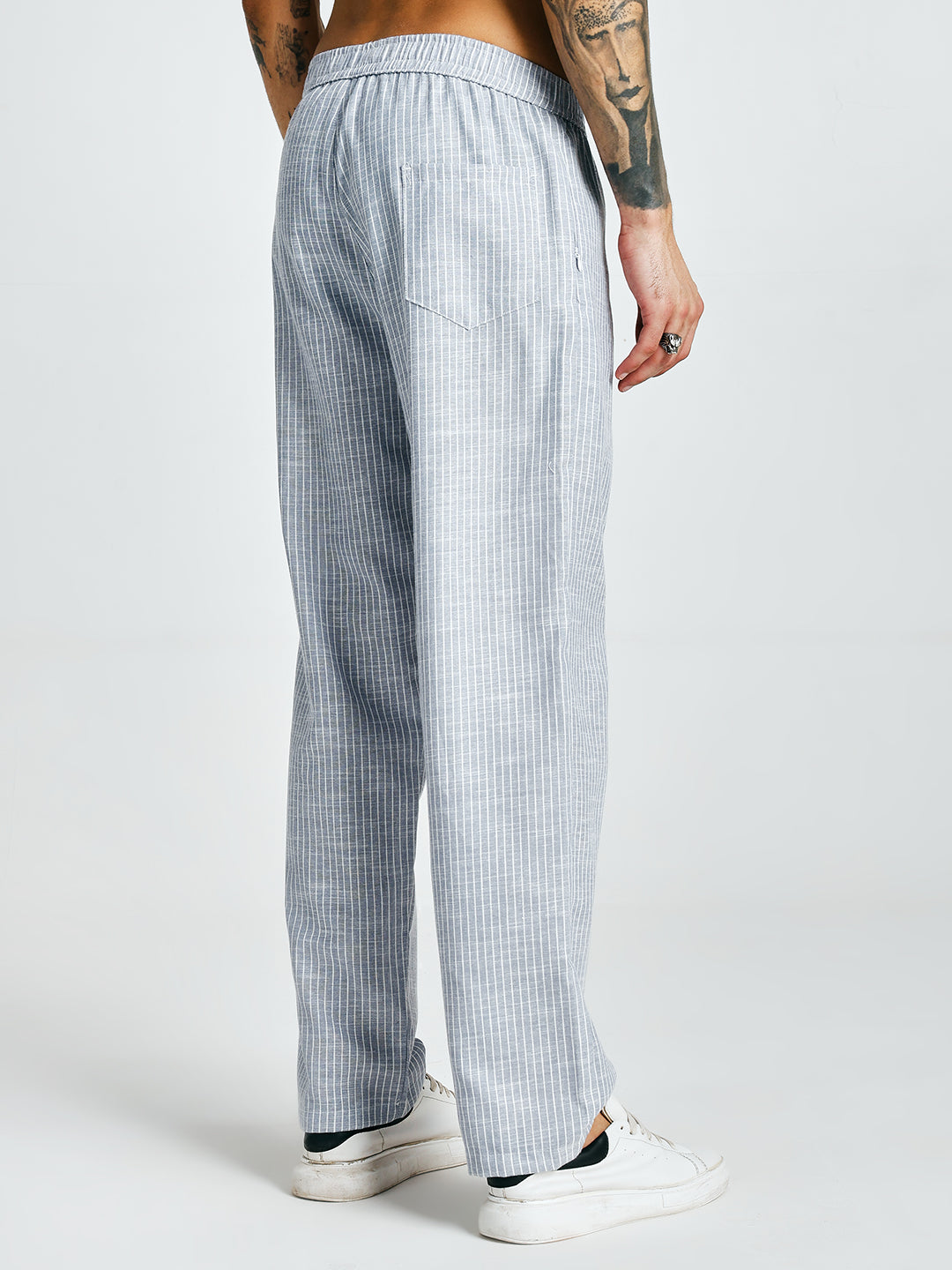 Men Striped Cotton lounge pants - Sky