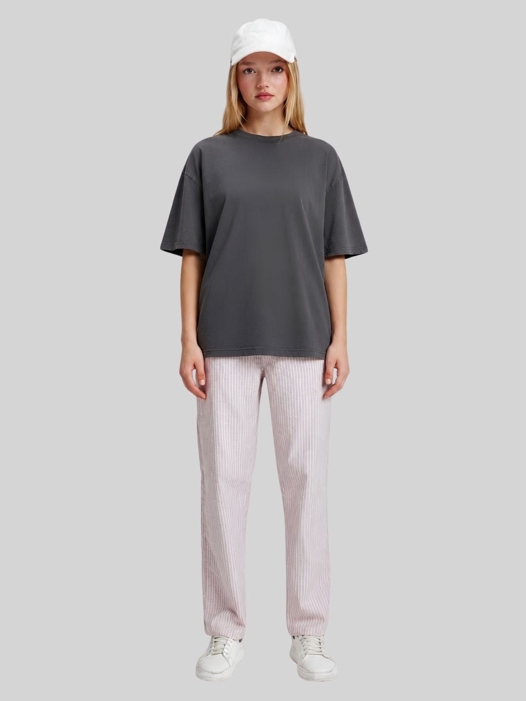 Women Striped Cotton lounge pants - Salmon Pink