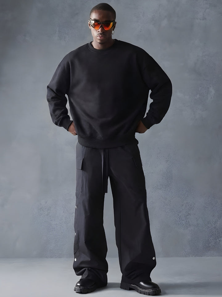 Solid Black Men Drop Shoulder Premium Terry Sweatshirt