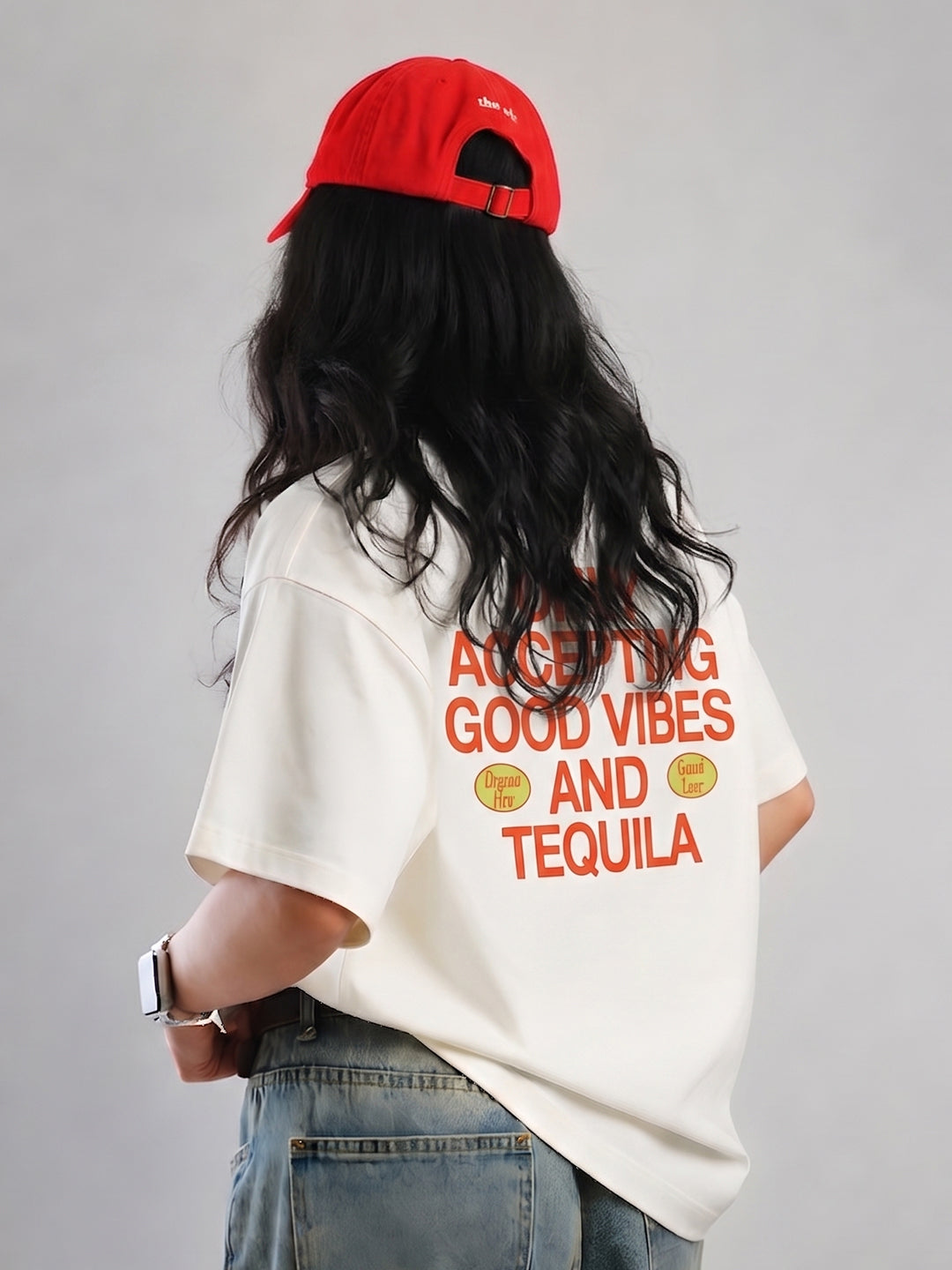 GOOD VIBES Women Oversized Terry Graphic T-Shirt