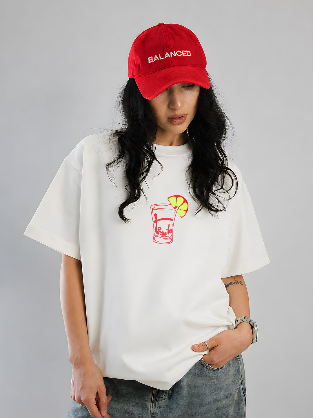 GOOD VIBES Women Oversized Terry Graphic T-Shirt