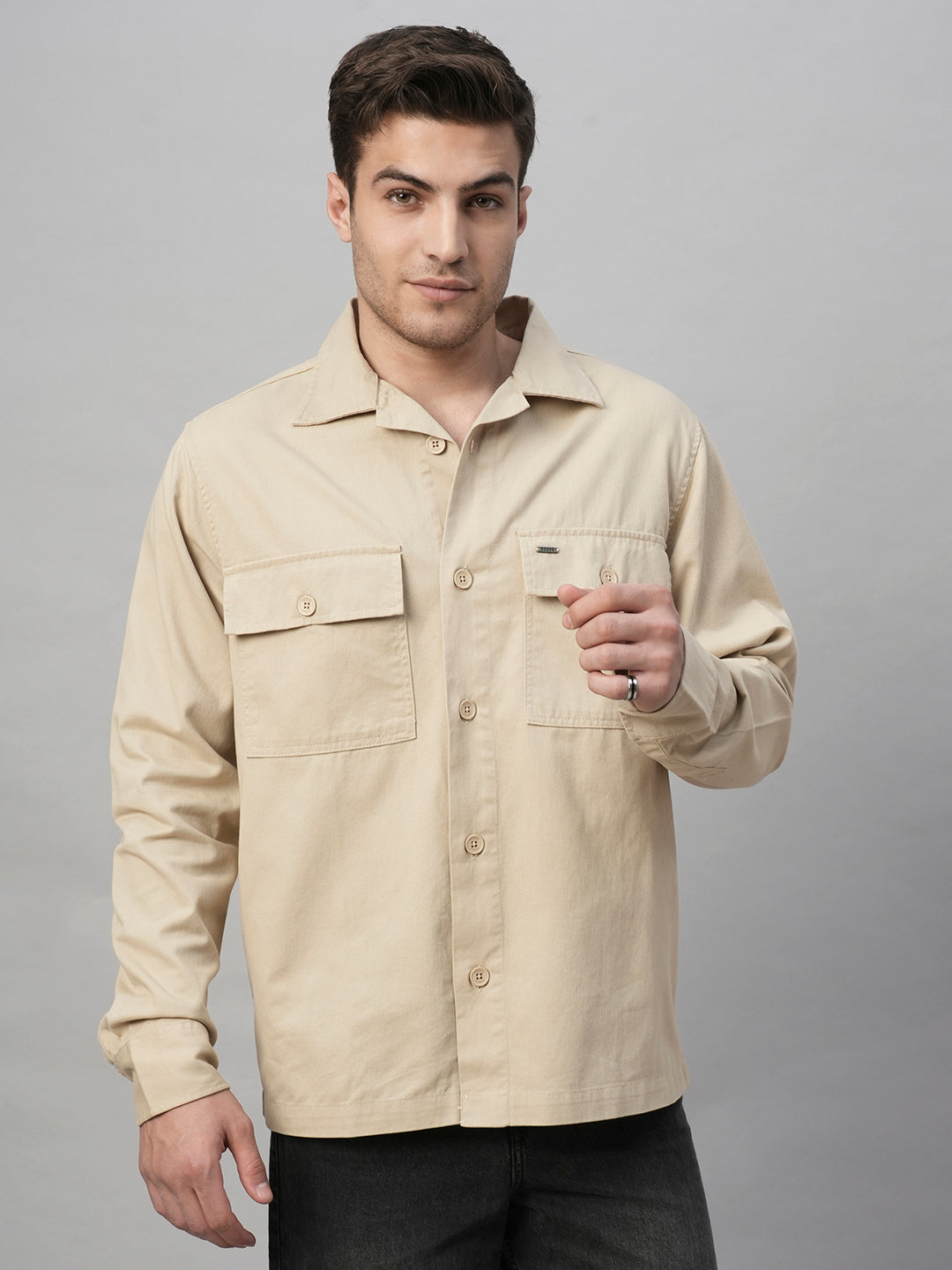 Solid Men's Shacket - Beige