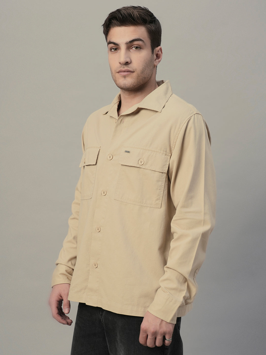 Solid Men's Shacket - Beige