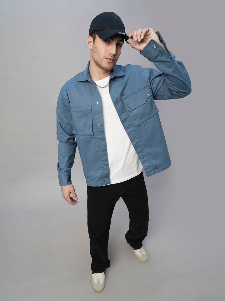 Solid Men's Shacket - Denim Blue