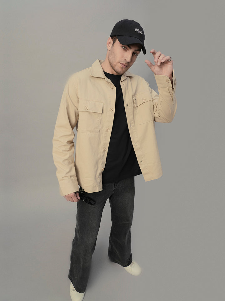 Solid Men Shacket - Beige