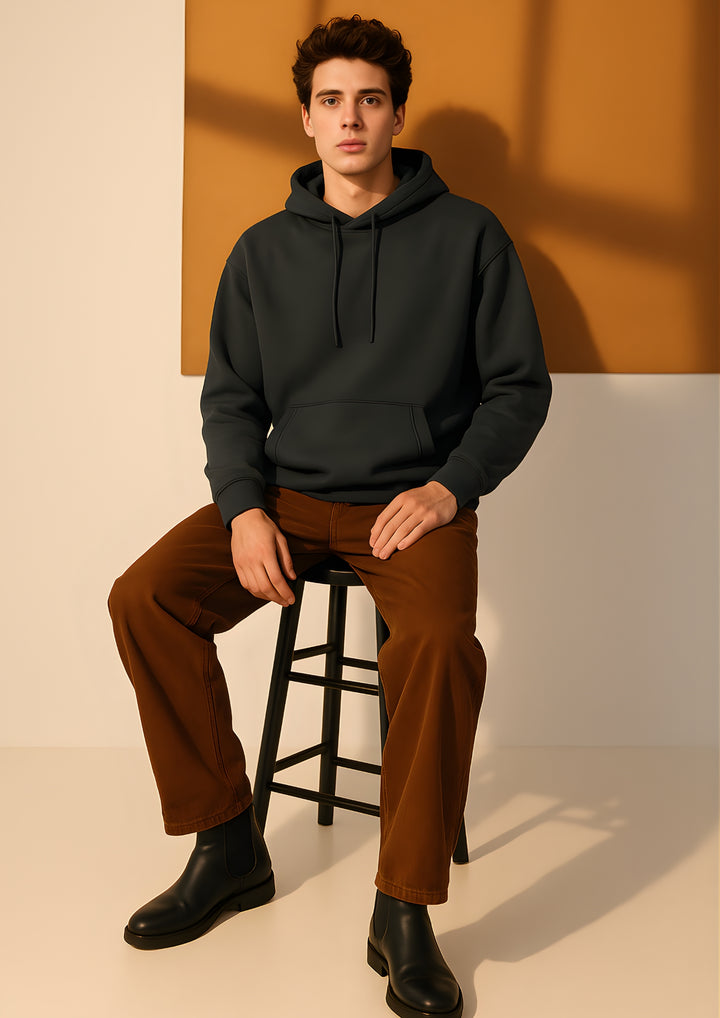 Solid Men Drop Shoulder Premium Terry Hoodie - Dark Grey