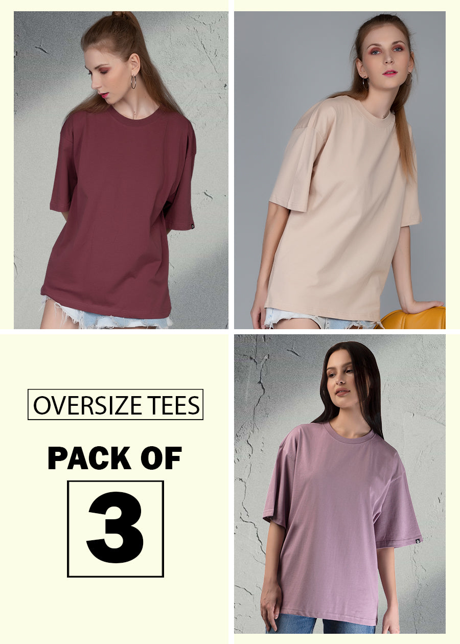 Pack Of 3 Solid Oversized T-shirts Womens | Pronk