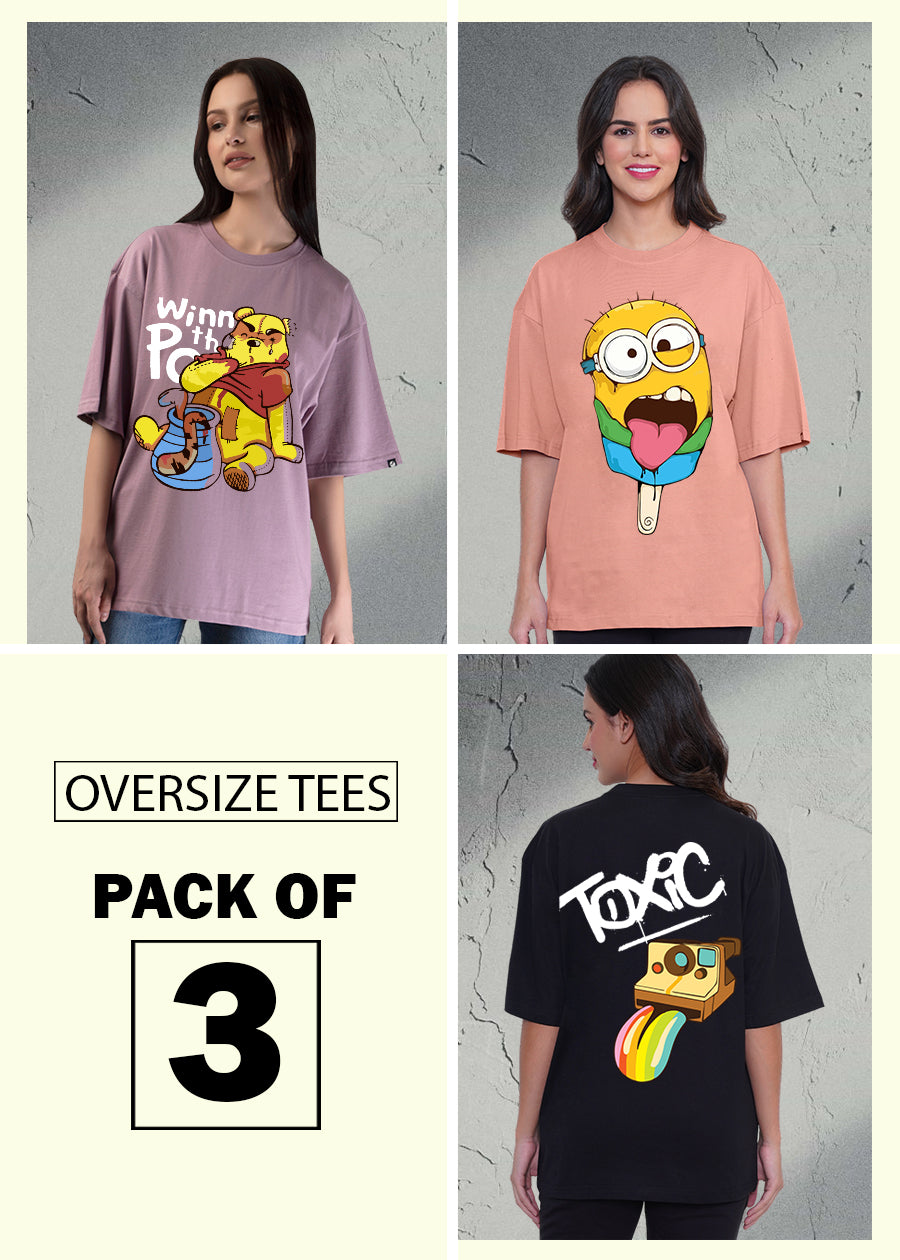 Printed Oversized Pack of 3 T-shirts for women | Pronk