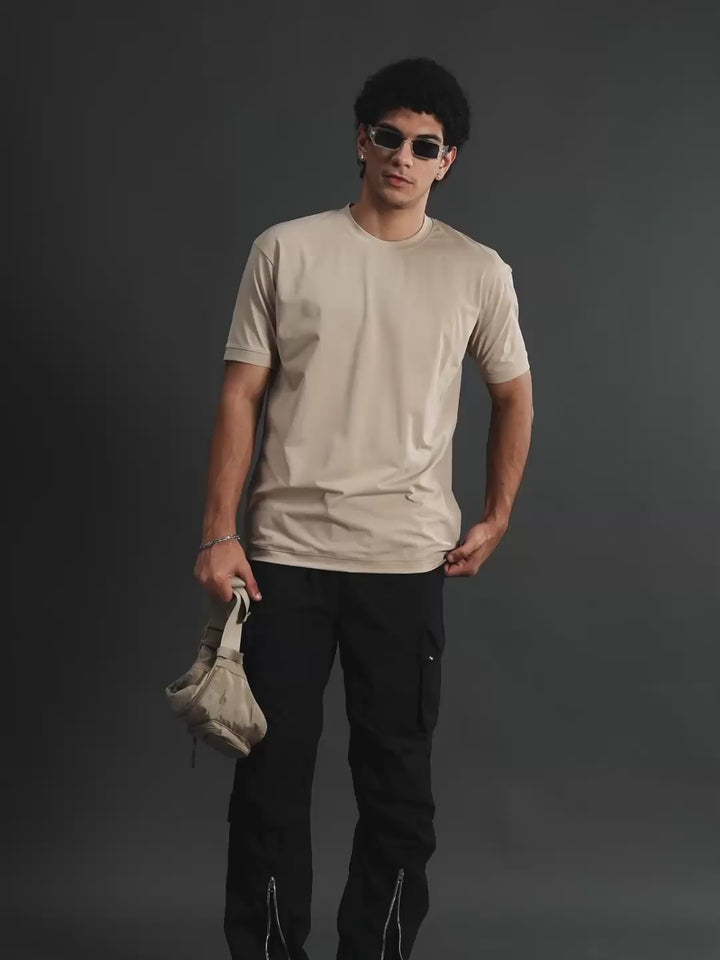 Hamo Solid Men Oversized T-Shirt - Beige