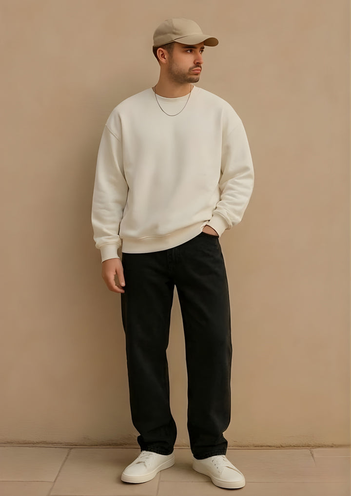 Solid Off White Men Drop Shoulder Premium Terry Sweatshirt