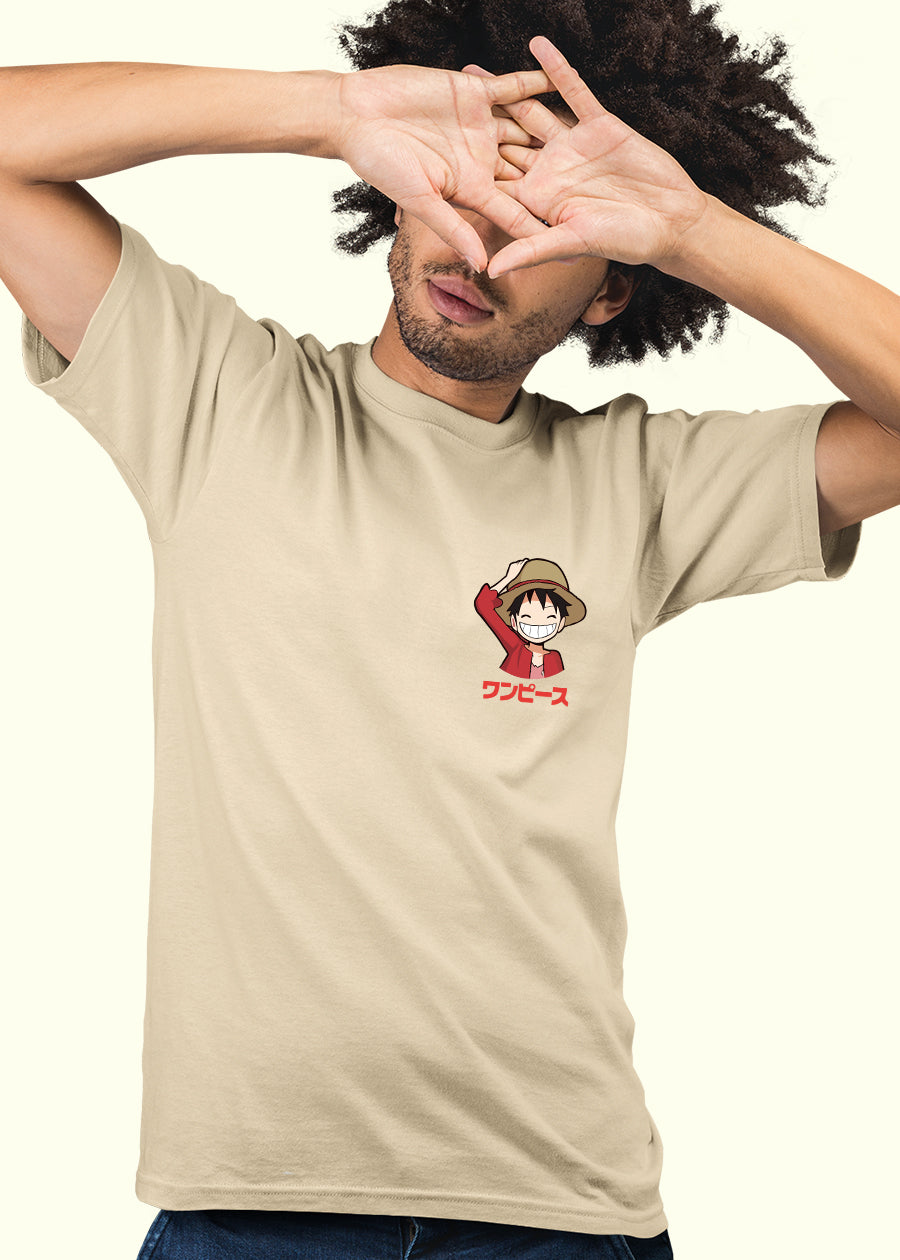 Run Luffy Men Regular Fit Beige Half Sleeve T-Shirt