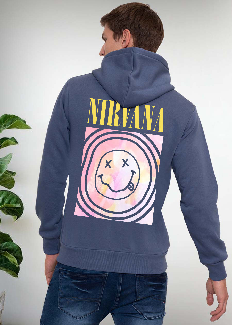 Nirvana Printed Men Fleece Hoodie Sweatshirt: Mountain Blue
