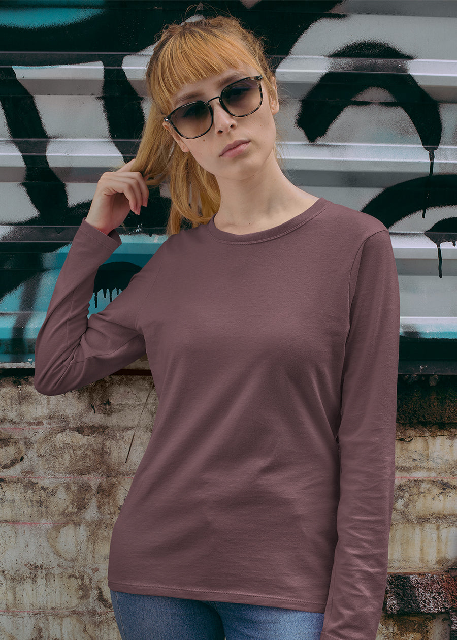 Solid Women Full Sleeve T-Shirt - Mauve Taupe