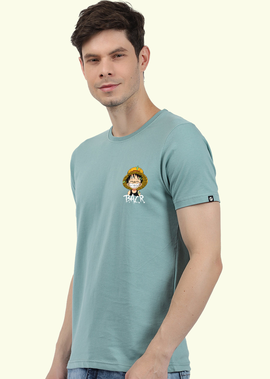 Luffy One Piece Men Regular Fit Mint Green Half Sleeve T-Shirt