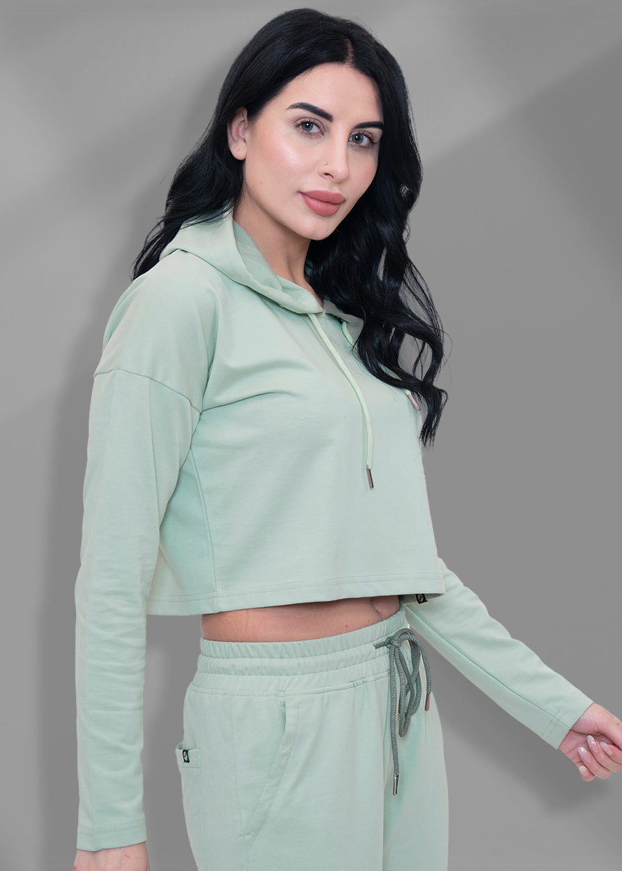 Coral Green Solid Cropped Hoodie For Womens | Pronk