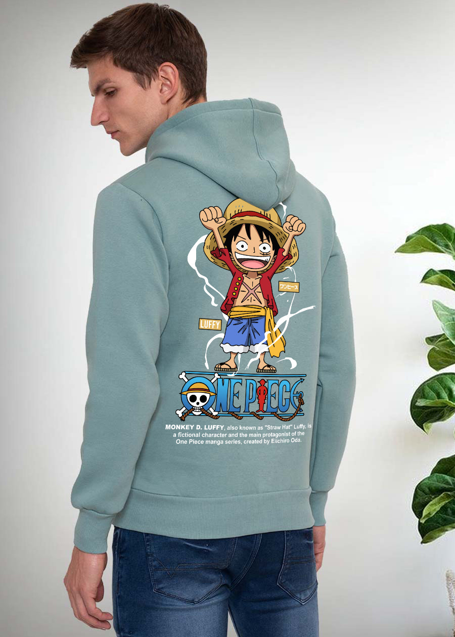 Luffy One Piece Printed Men Fleece Hoodie Sweatshirt: Mint Green