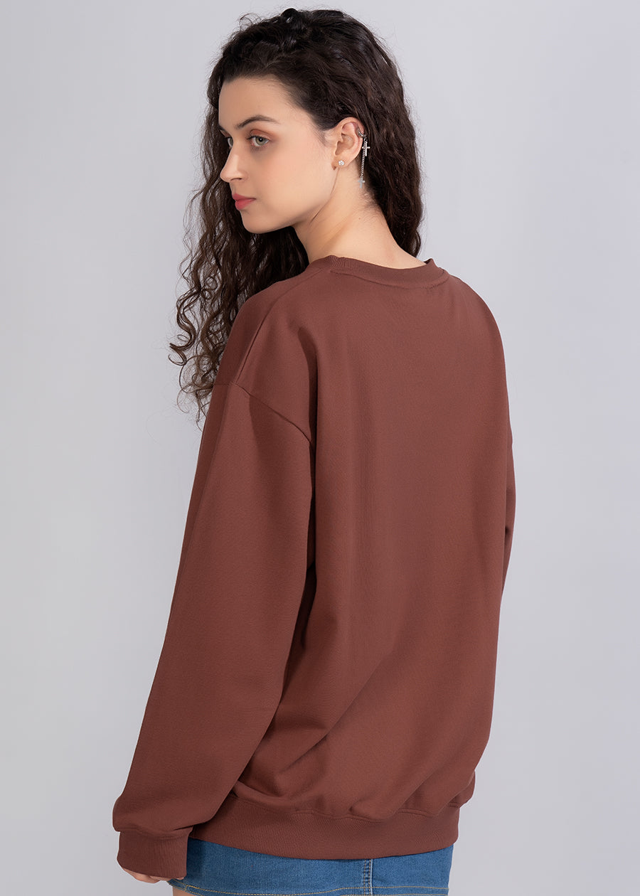 Solid Cocoa Women Drop Shoulder Loose Fit Premium Terry Sweatshirt