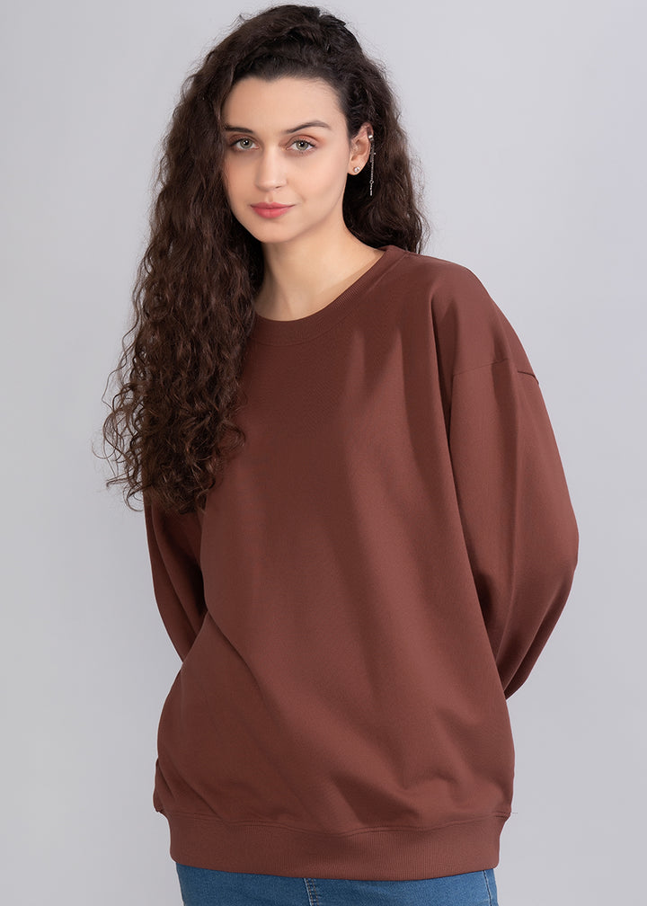 Solid Cocoa Women Drop Shoulder Loose Fit Sweatshirt | Pronk