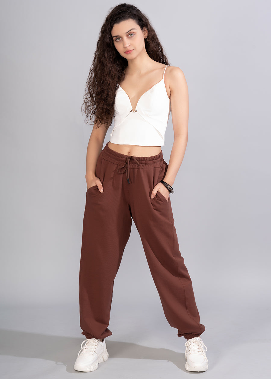 Women Premium Terry Loose Fit Joggers - Cocoa