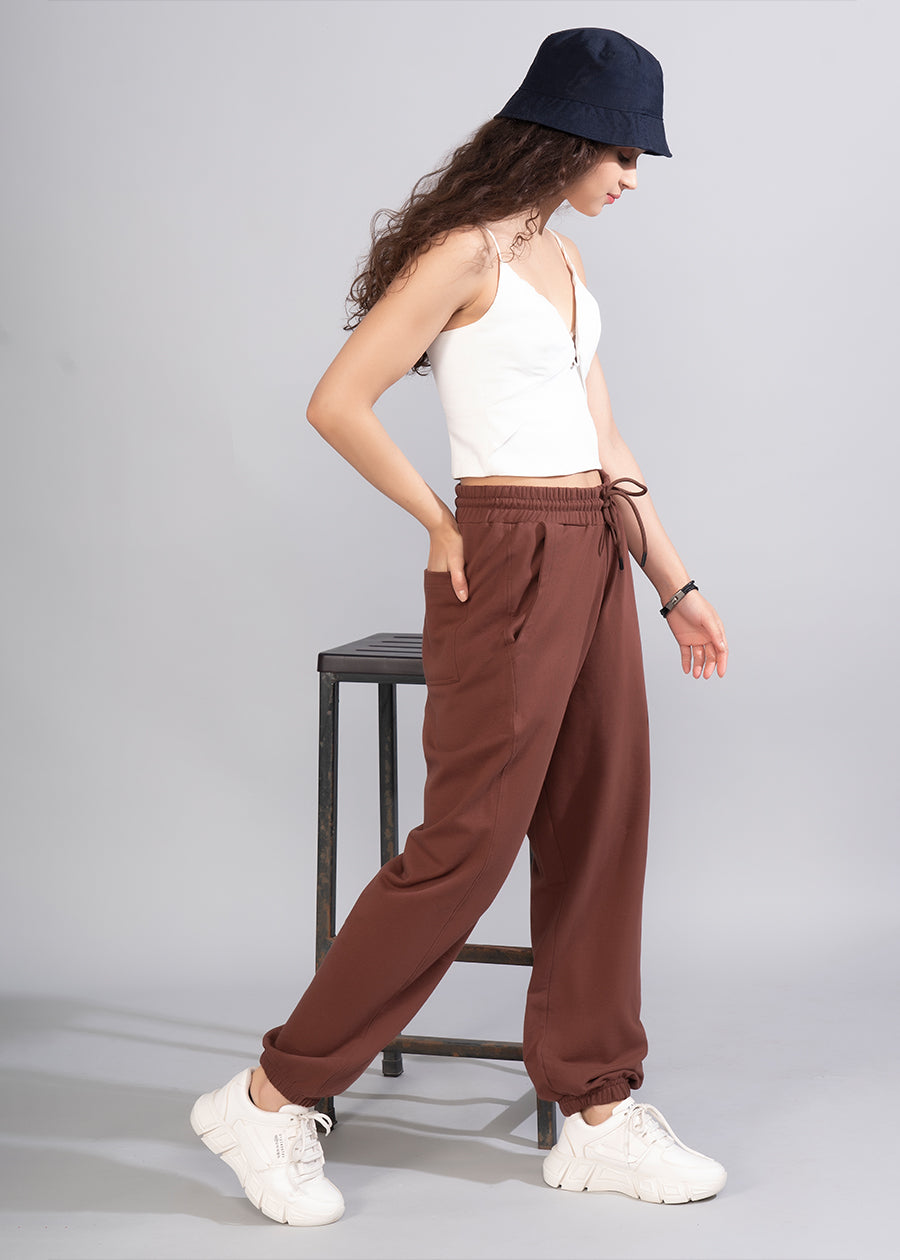 Women Premium Terry Loose Fit Joggers - Cocoa