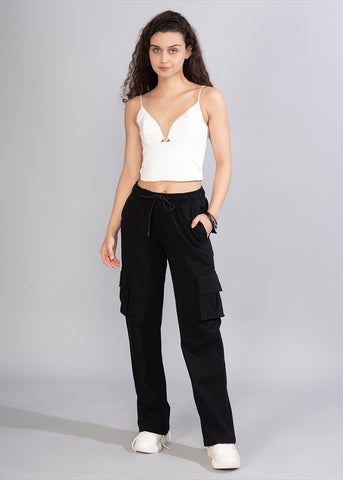 Women Premium Terry Cargo Pants - Black