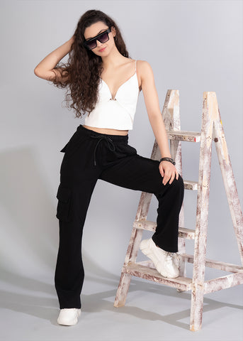 Women Premium Terry Cargo Pants - Black