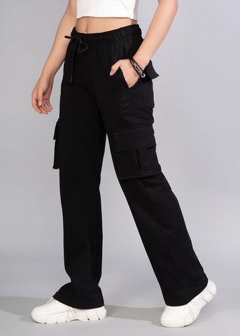 Women Premium Terry Cargo Pants - Black