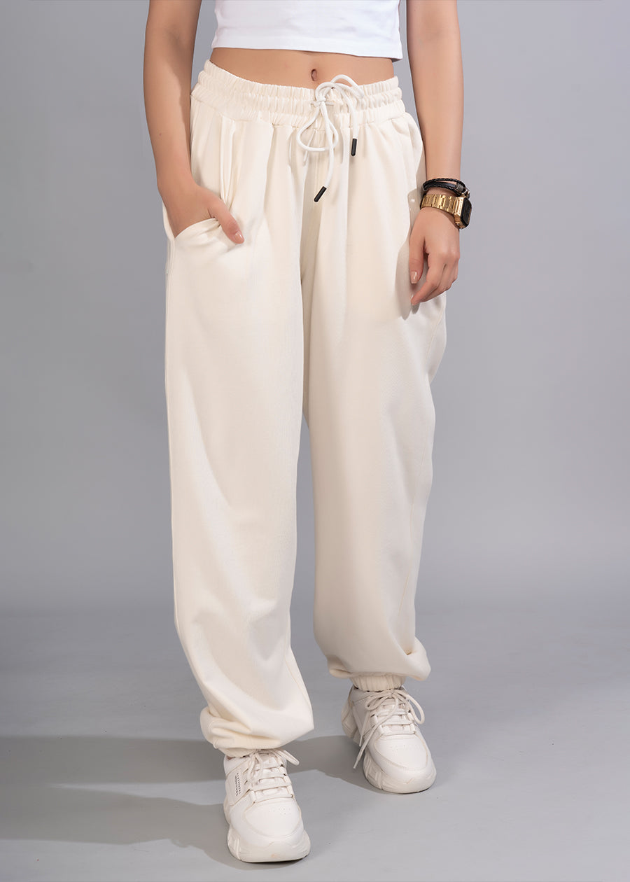 Women Premium Terry Loose Fit Joggers - Off White