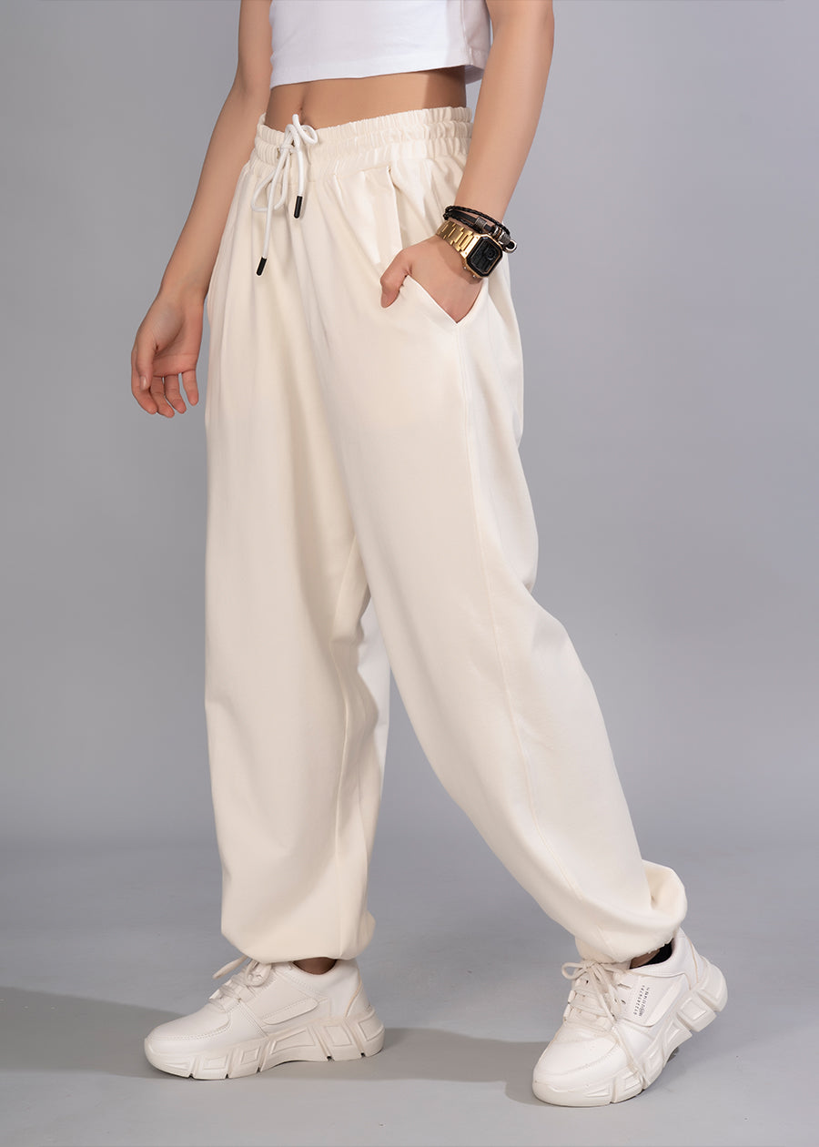 Women Premium Terry Loose Fit Joggers - Off White