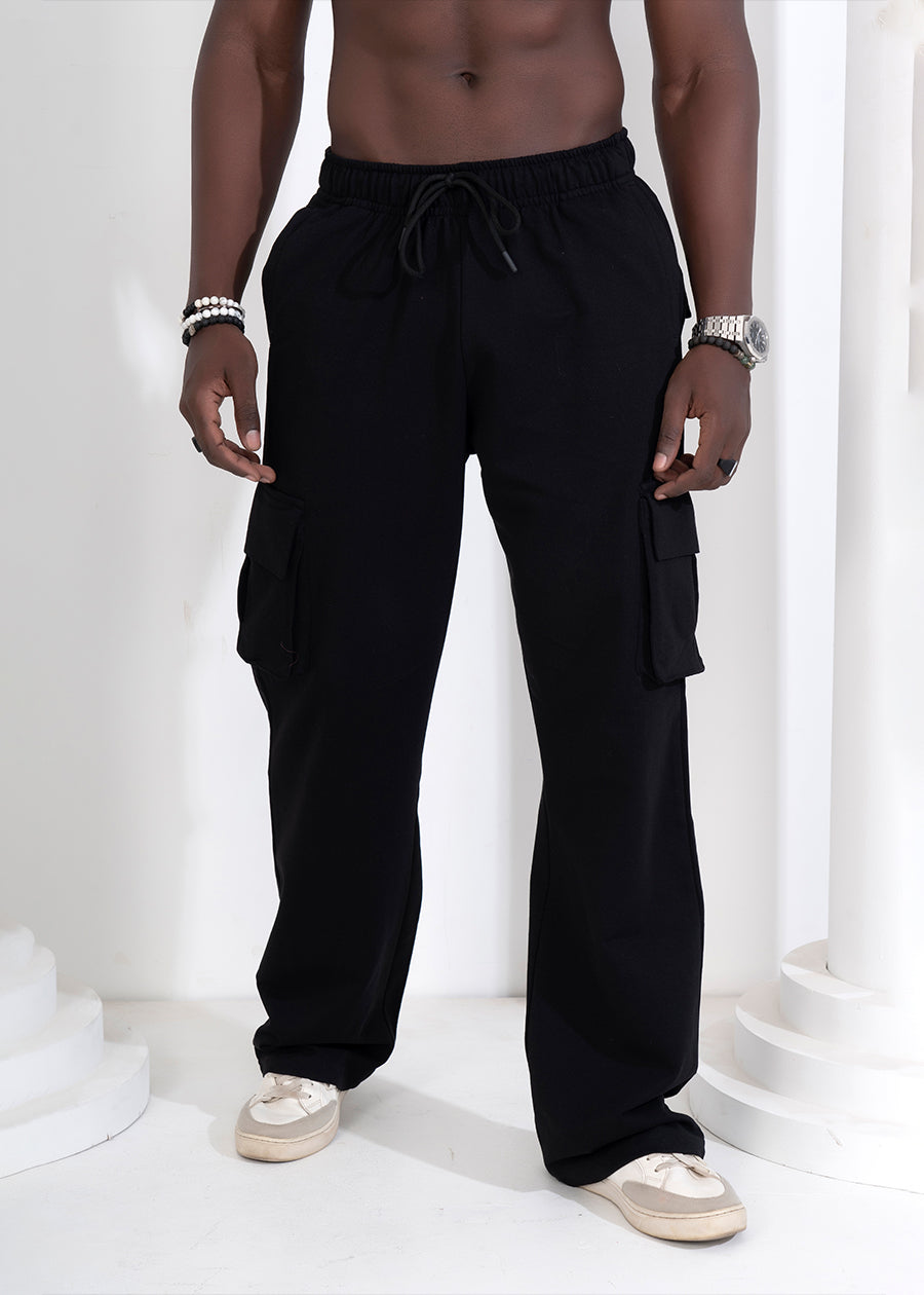 Men Premium Terry Cargo Pants - Black