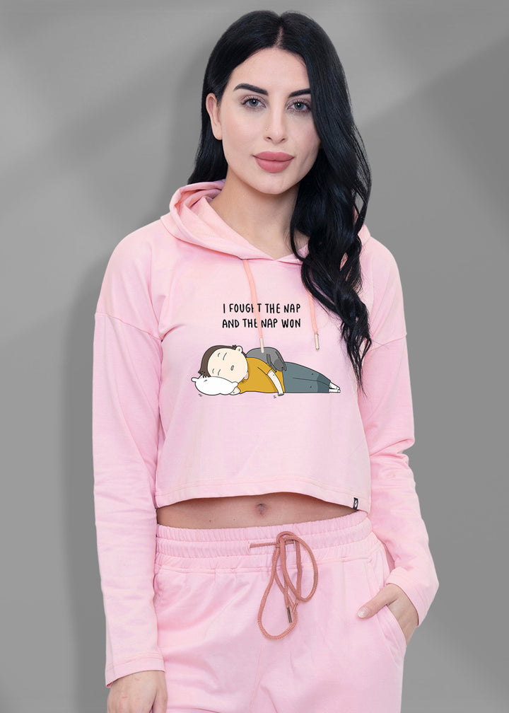I Faught Nap Time Millenial Pink Cropped Hoodie For Women | Pronk