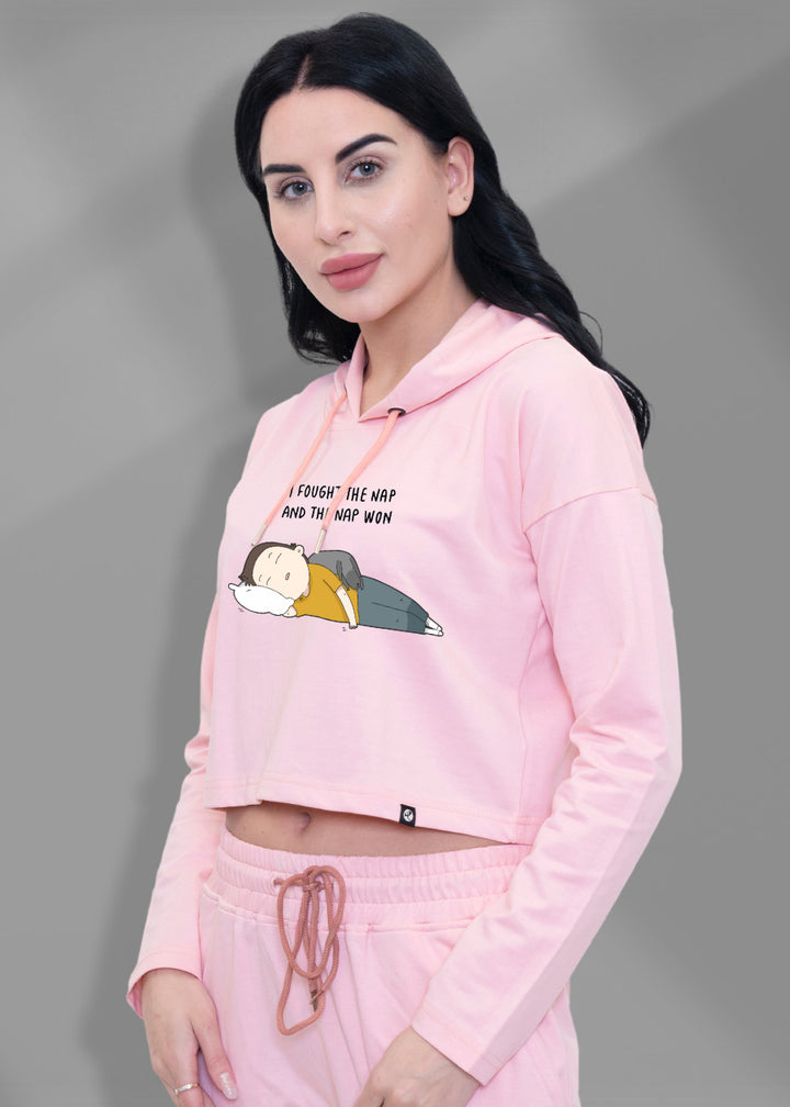 I Faught Nap Time Millenial Pink Cropped Hoodie For Women | Pronk